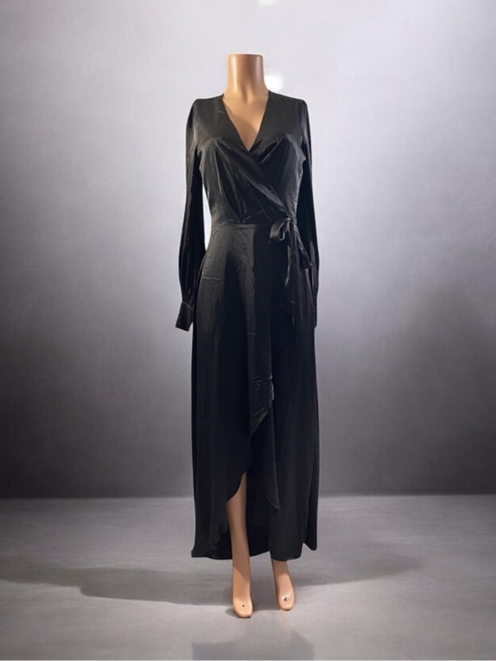 Miss Avenue Satin Maxi Black Wrap Dress